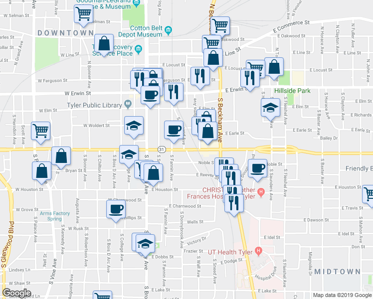 map of restaurants, bars, coffee shops, grocery stores, and more near 400 East Front Street in Tyler
