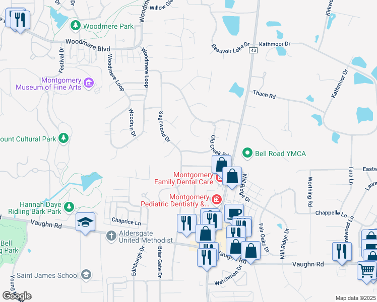 map of restaurants, bars, coffee shops, grocery stores, and more near 6713 Cherrywood Trail in Montgomery