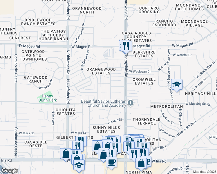 map of restaurants, bars, coffee shops, grocery stores, and more near 7651 North North Aire Avenue in Tucson
