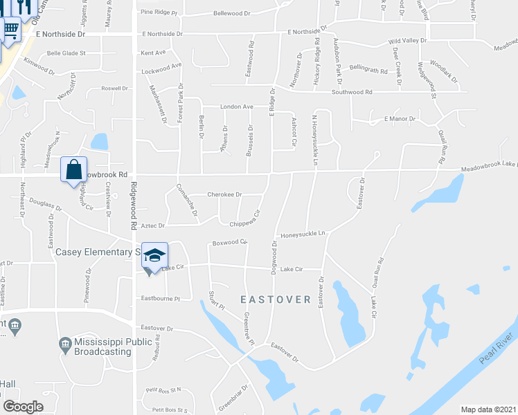 map of restaurants, bars, coffee shops, grocery stores, and more near 156 Chippewa Circle in Jackson