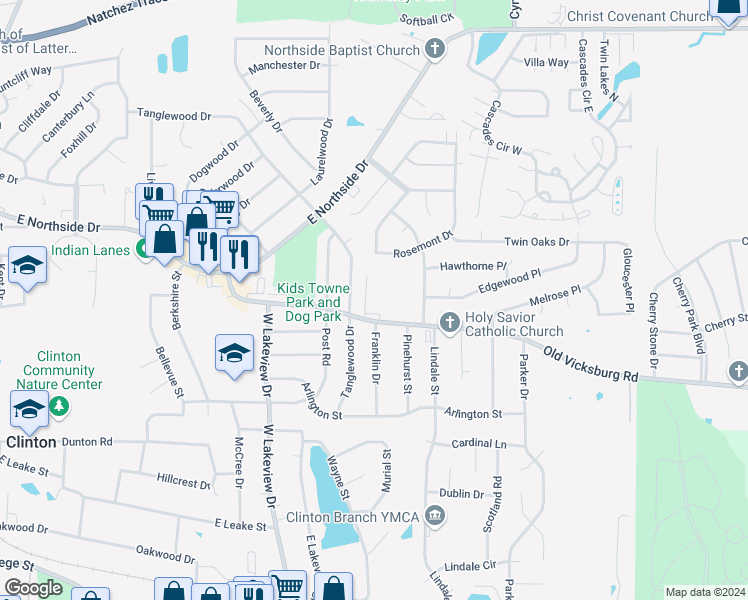 map of restaurants, bars, coffee shops, grocery stores, and more near 1111 Old Vicksburg Road in Clinton