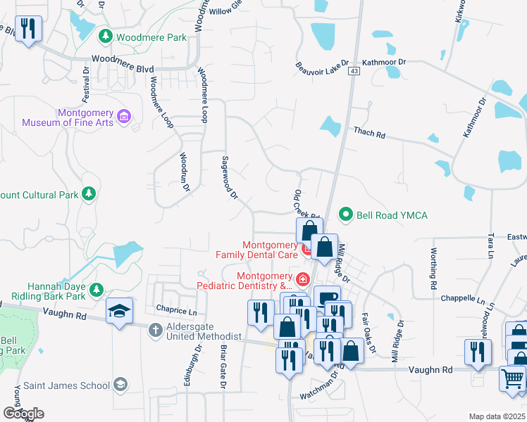 map of restaurants, bars, coffee shops, grocery stores, and more near 6713 Cherrywood Trail in Montgomery