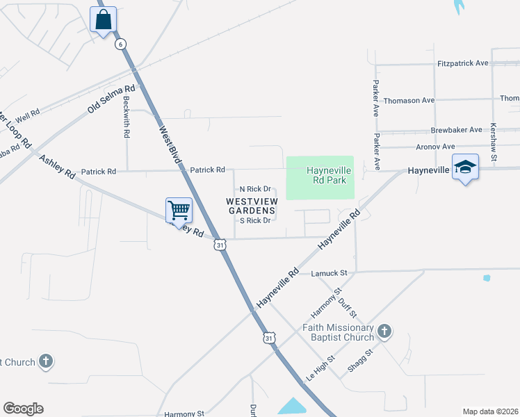 map of restaurants, bars, coffee shops, grocery stores, and more near 3129 South Rick Drive in Montgomery