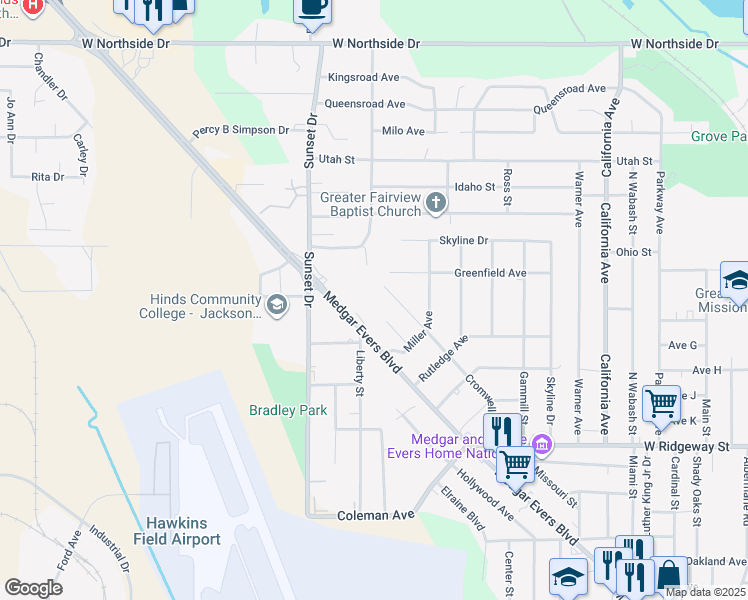 map of restaurants, bars, coffee shops, grocery stores, and more near 4220 Medgar Evers Boulevard in Jackson