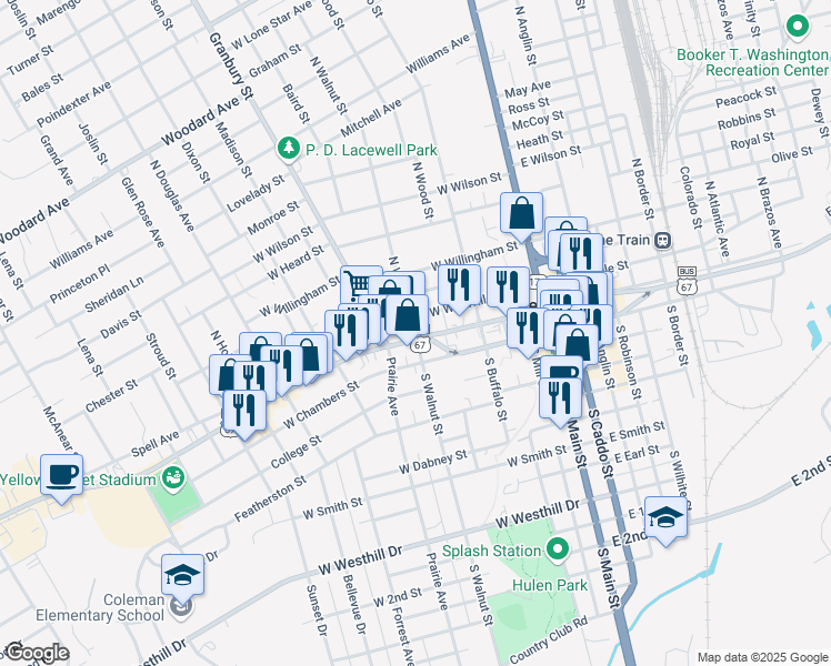 map of restaurants, bars, coffee shops, grocery stores, and more near 105 North Walnut Street in Cleburne