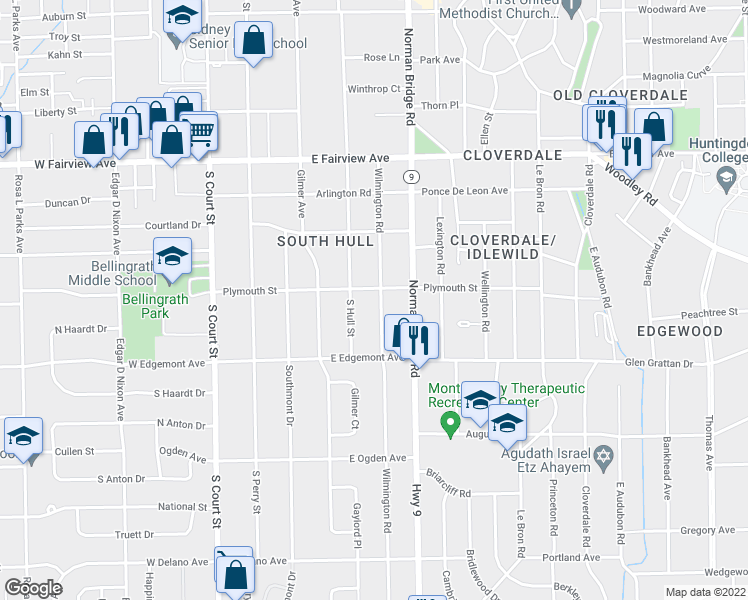 map of restaurants, bars, coffee shops, grocery stores, and more near 3310 Wilmington Road in Montgomery