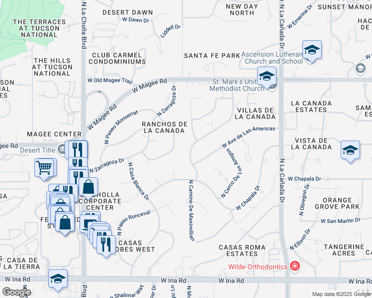 map of restaurants, bars, coffee shops, grocery stores, and more near 7630 North Chapala Place in Tucson