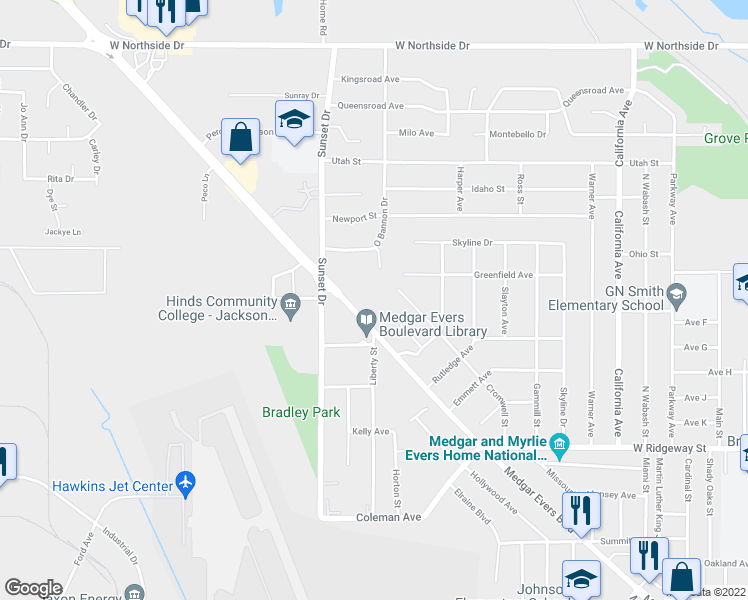map of restaurants, bars, coffee shops, grocery stores, and more near 3931 Skyview Drive in Jackson