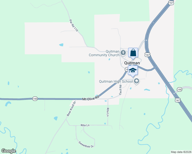 map of restaurants, bars, coffee shops, grocery stores, and more near in Quitman