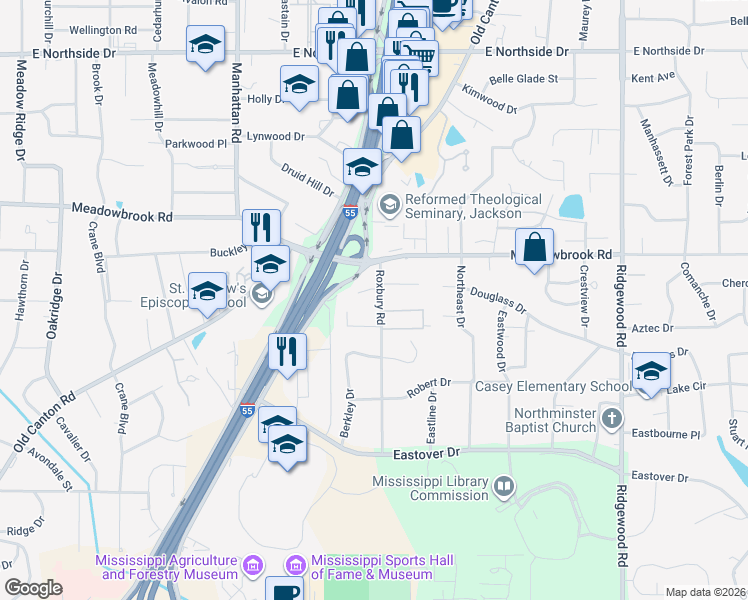 map of restaurants, bars, coffee shops, grocery stores, and more near 4101 Roxbury Road in Jackson