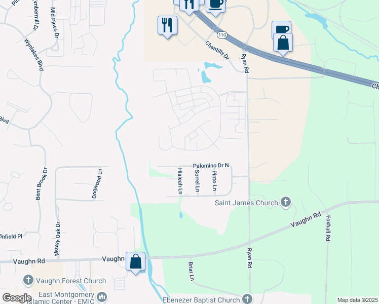 map of restaurants, bars, coffee shops, grocery stores, and more near 8712 Lindsey Lane in Montgomery