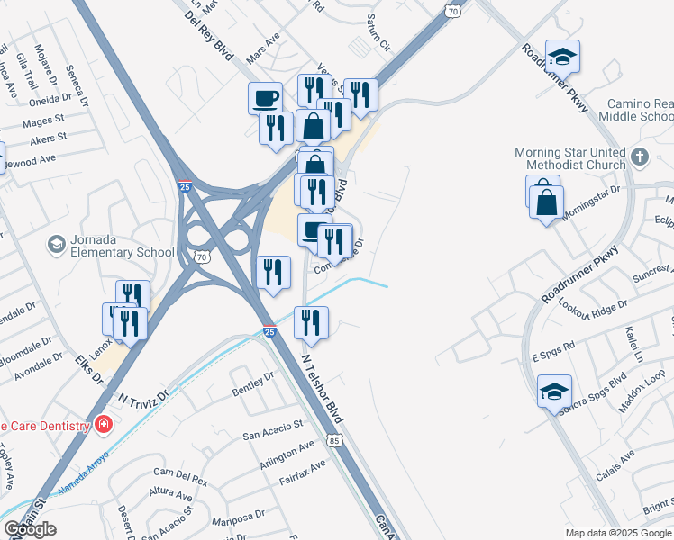 map of restaurants, bars, coffee shops, grocery stores, and more near 1120 Commerce Drive in Las Cruces