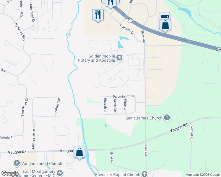 map of restaurants, bars, coffee shops, grocery stores, and more near 8712 Lindsey Lane in Montgomery