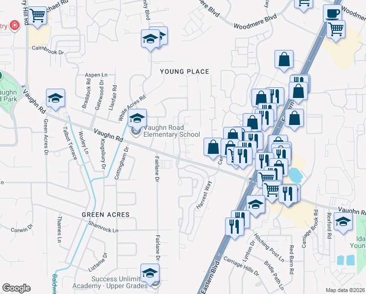 map of restaurants, bars, coffee shops, grocery stores, and more near 1832 Young Farm Road in Montgomery