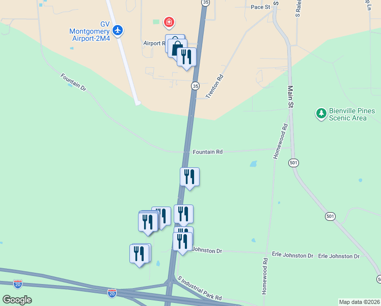 map of restaurants, bars, coffee shops, grocery stores, and more near 518 Fountain Drive in Forest