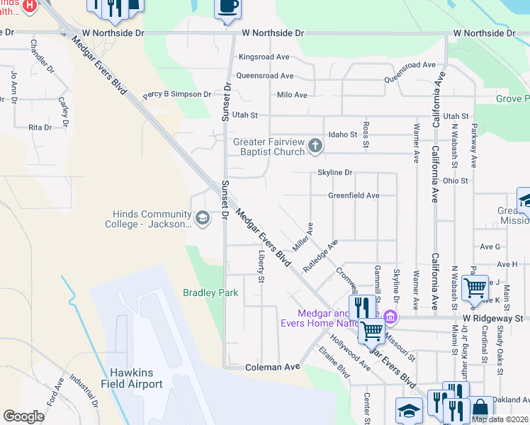 map of restaurants, bars, coffee shops, grocery stores, and more near 2704 Skyline Drive in Jackson