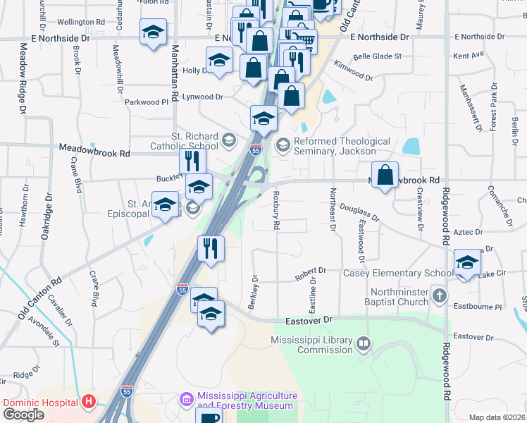 map of restaurants, bars, coffee shops, grocery stores, and more near 1478 Roxbury Court in Jackson