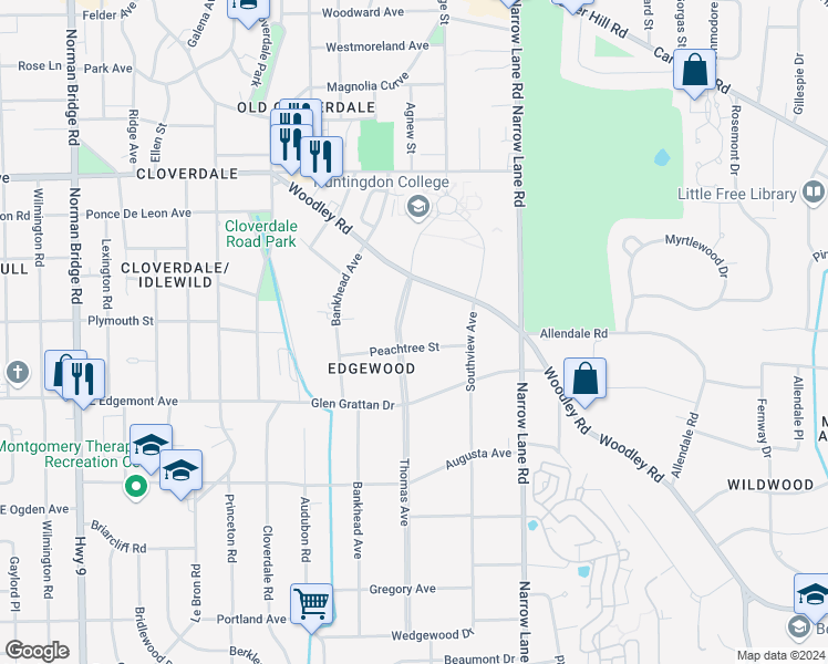 map of restaurants, bars, coffee shops, grocery stores, and more near 3175 Thomas Avenue in Montgomery