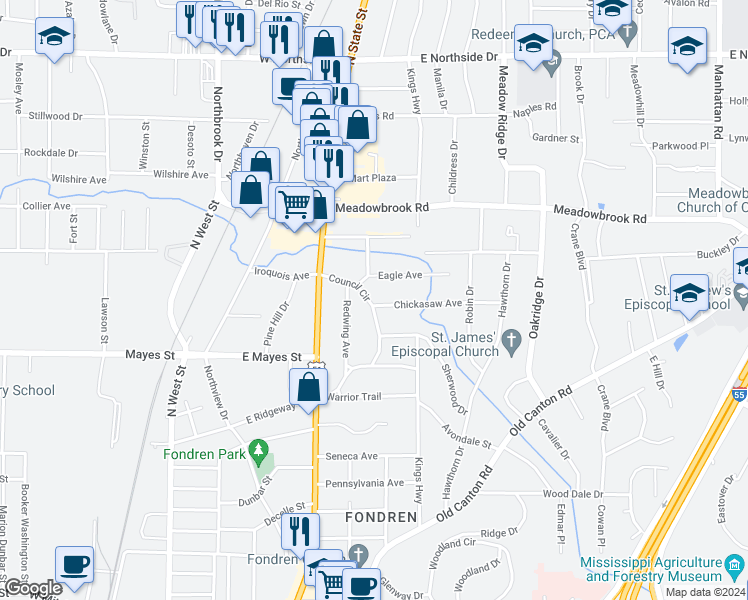 map of restaurants, bars, coffee shops, grocery stores, and more near 4220 Council Circle in Jackson