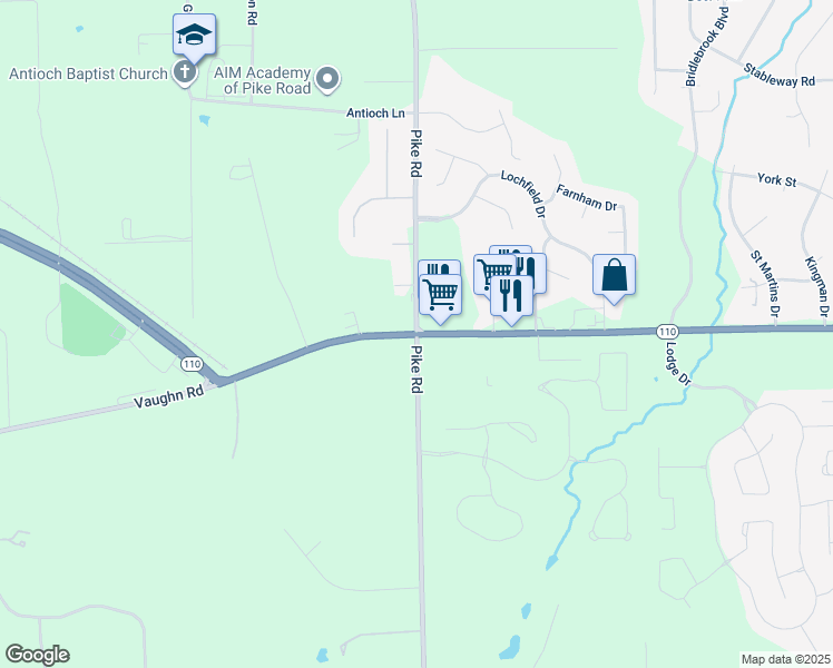 map of restaurants, bars, coffee shops, grocery stores, and more near in Pike Road