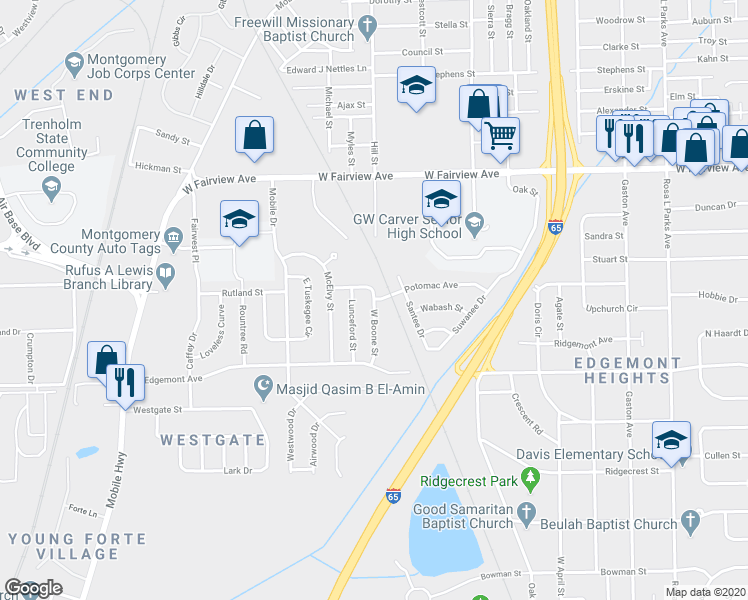 map of restaurants, bars, coffee shops, grocery stores, and more near 2322 West Boone Street in Montgomery