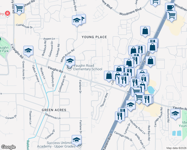 map of restaurants, bars, coffee shops, grocery stores, and more near 1845 Young Farm Road in Montgomery