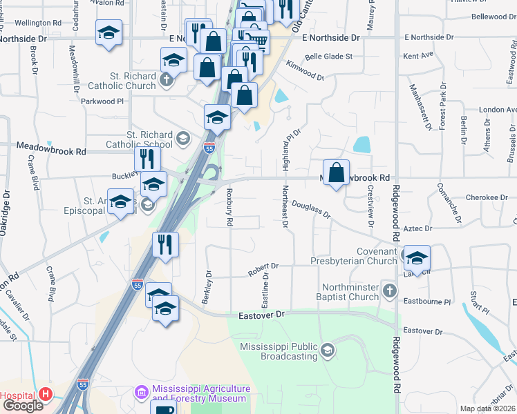 map of restaurants, bars, coffee shops, grocery stores, and more near 1440 Douglass Drive in Jackson