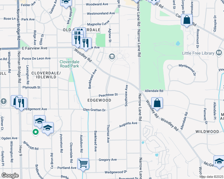 map of restaurants, bars, coffee shops, grocery stores, and more near 3175 Thomas Avenue in Montgomery