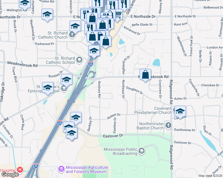 map of restaurants, bars, coffee shops, grocery stores, and more near 1440 Douglass Drive in Jackson
