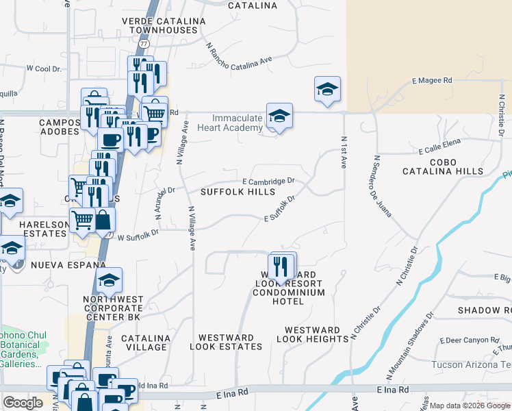 map of restaurants, bars, coffee shops, grocery stores, and more near 326 East Cambridge Drive in Tucson