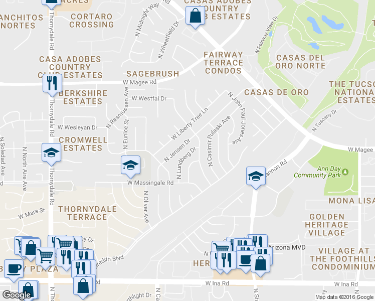 map of restaurants, bars, coffee shops, grocery stores, and more near 7713 North Lundberg Drive in Tucson