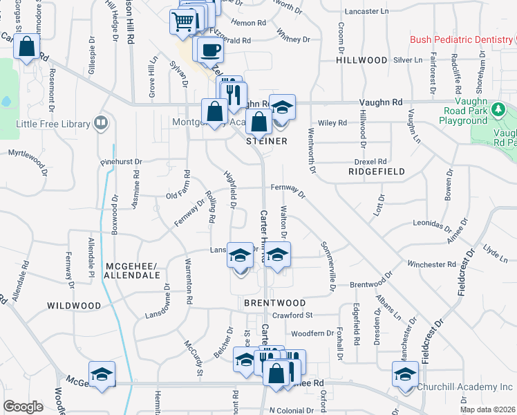 map of restaurants, bars, coffee shops, grocery stores, and more near 2916 Fernway Drive in Montgomery
