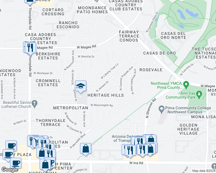 map of restaurants, bars, coffee shops, grocery stores, and more near 7713 North Lundberg Drive in Tucson