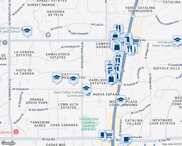 map of restaurants, bars, coffee shops, grocery stores, and more near 7740 North Paseo Del Norte in Tucson