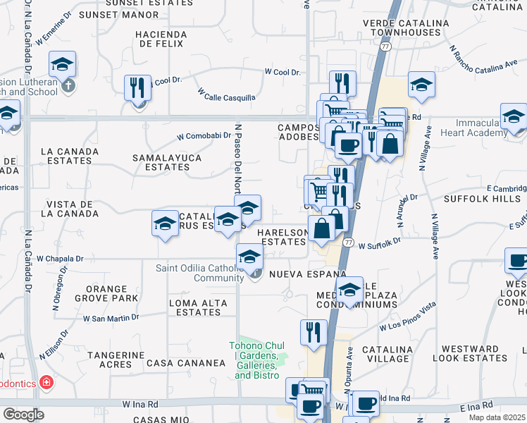 map of restaurants, bars, coffee shops, grocery stores, and more near 7740 North Paseo Del Norte in Tucson