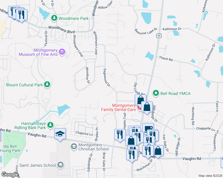 map of restaurants, bars, coffee shops, grocery stores, and more near 6705 Woodglen Court in Montgomery