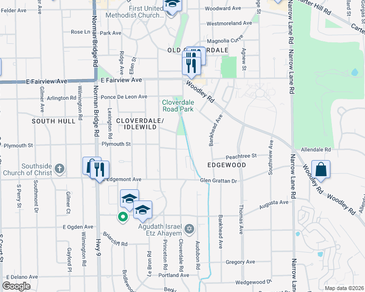 map of restaurants, bars, coffee shops, grocery stores, and more near 3211 Cloverdale Road in Montgomery