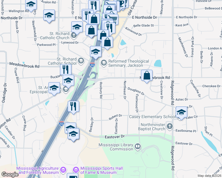 map of restaurants, bars, coffee shops, grocery stores, and more near 1414 Roxbury Place in Jackson