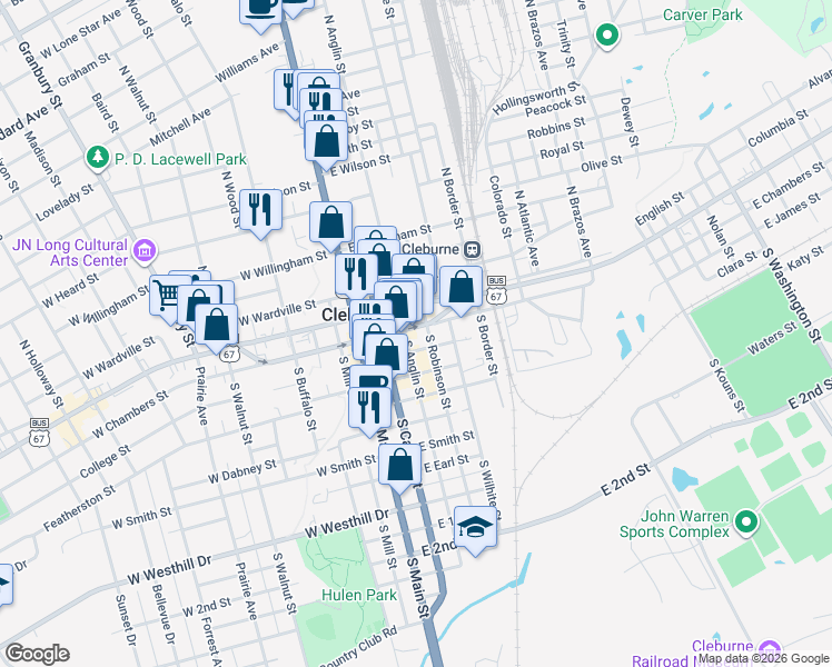 map of restaurants, bars, coffee shops, grocery stores, and more near 207 East Chambers Street in Cleburne