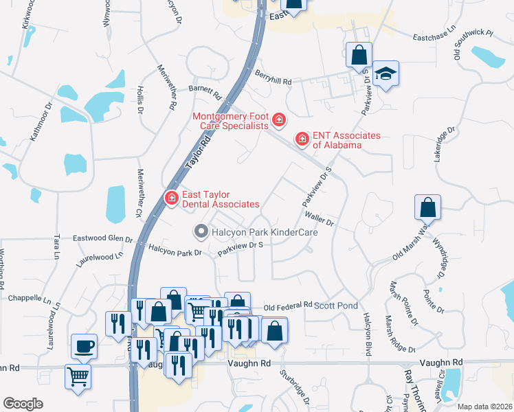 map of restaurants, bars, coffee shops, grocery stores, and more near 1925 Brookstone Drive in Montgomery
