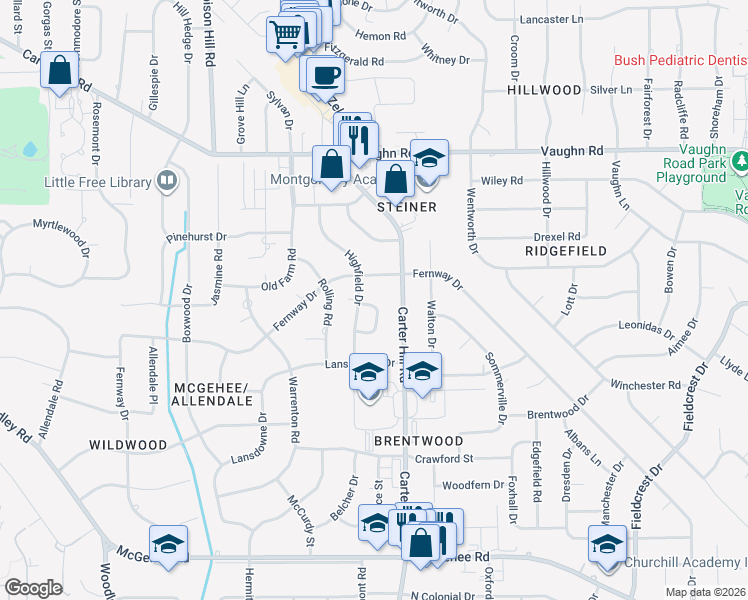 map of restaurants, bars, coffee shops, grocery stores, and more near 3111 Hathaway Place in Montgomery