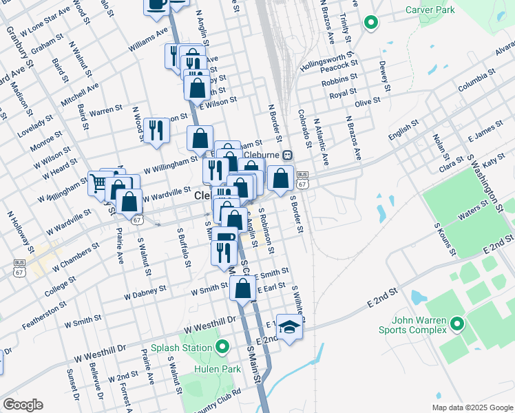 map of restaurants, bars, coffee shops, grocery stores, and more near 207 East Chambers Street in Cleburne
