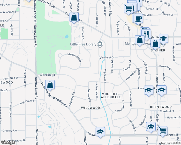 map of restaurants, bars, coffee shops, grocery stores, and more near 2130 Rosemont Drive in Montgomery