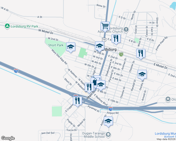 map of restaurants, bars, coffee shops, grocery stores, and more near 300 West 6th Street in Lordsburg