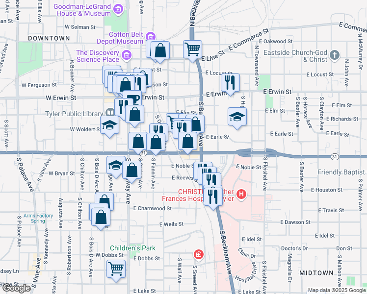 map of restaurants, bars, coffee shops, grocery stores, and more near 430 East Front Street in Tyler