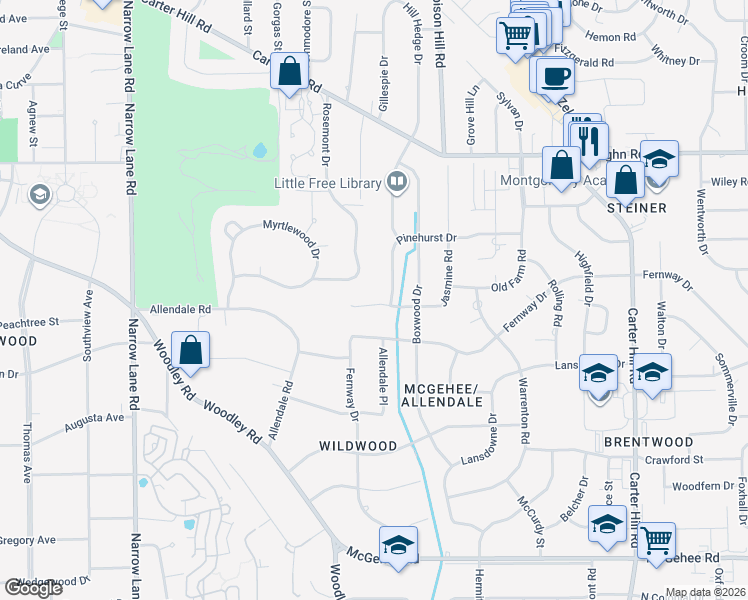map of restaurants, bars, coffee shops, grocery stores, and more near 2130 Rosemont Drive in Montgomery