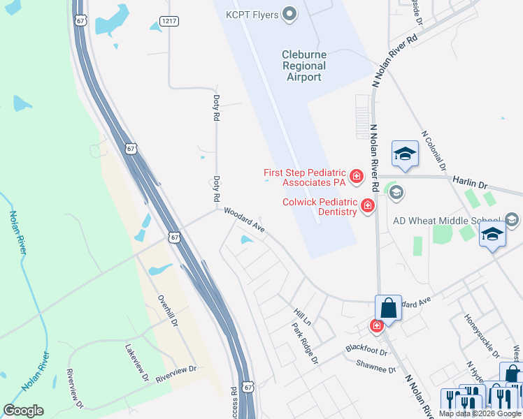 map of restaurants, bars, coffee shops, grocery stores, and more near 2116 Woodard Avenue in Cleburne