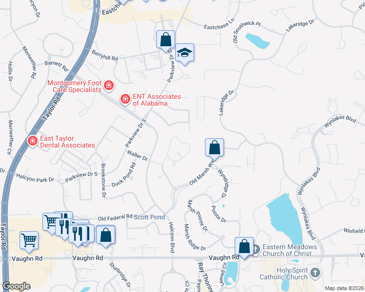 map of restaurants, bars, coffee shops, grocery stores, and more near 2029 Wyndgate Loop in Montgomery
