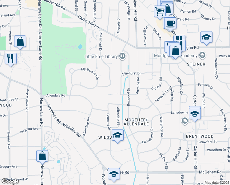 map of restaurants, bars, coffee shops, grocery stores, and more near 2130 Rosemont Drive in Montgomery