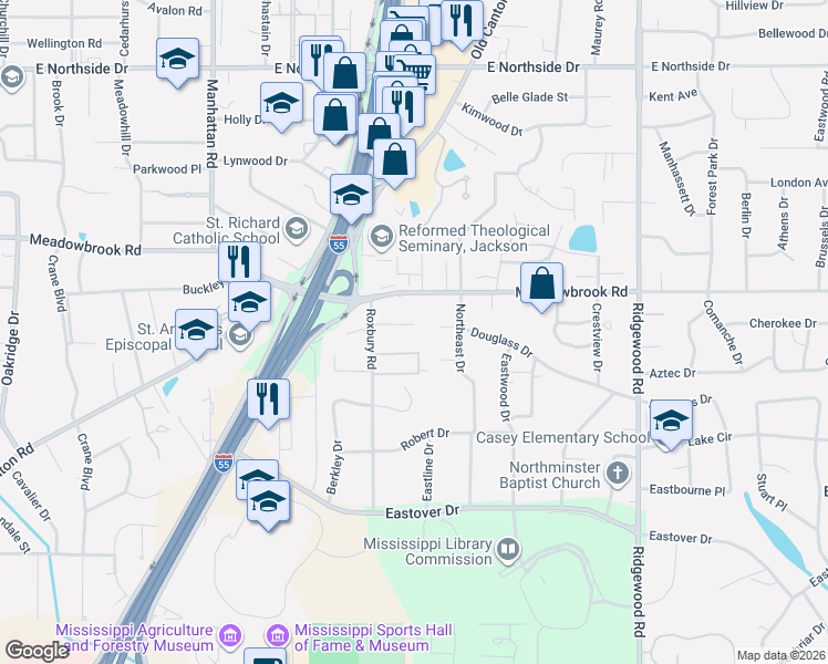 map of restaurants, bars, coffee shops, grocery stores, and more near 1440 Douglass Drive in Jackson
